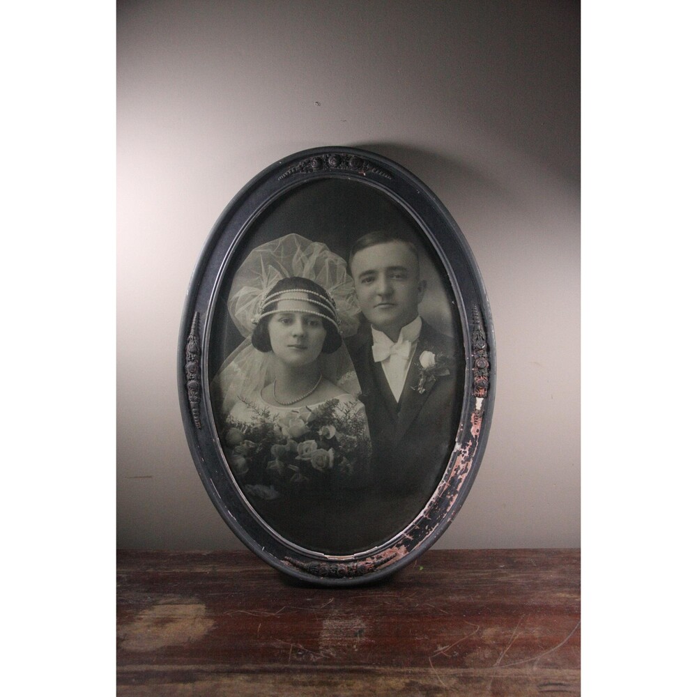 Framed Portrait Photograph of Newlyweds, concave glass and original frame